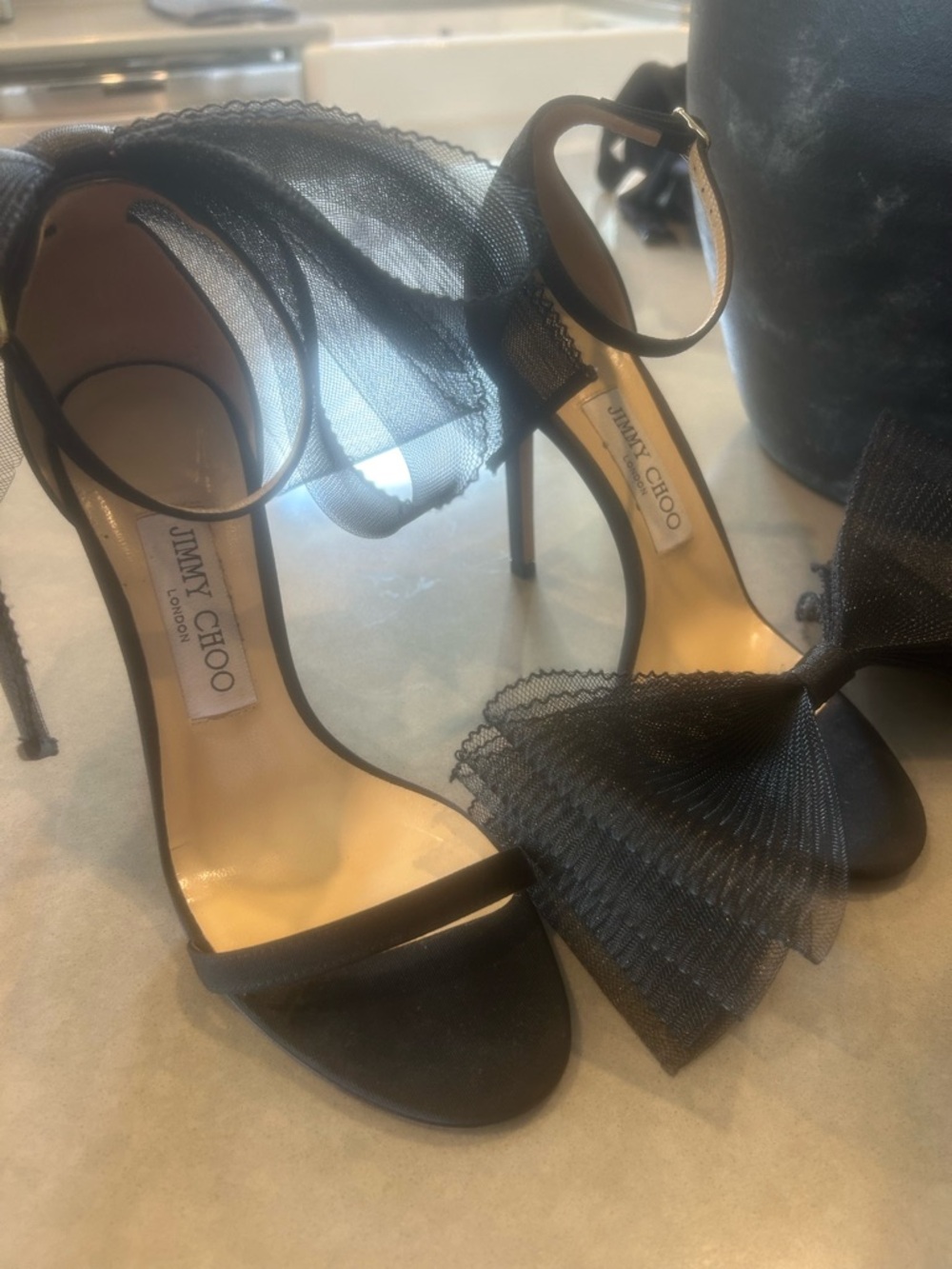 Jimmy Choo Black Tulle Bow Ankle-Strap Stiletto Sandals